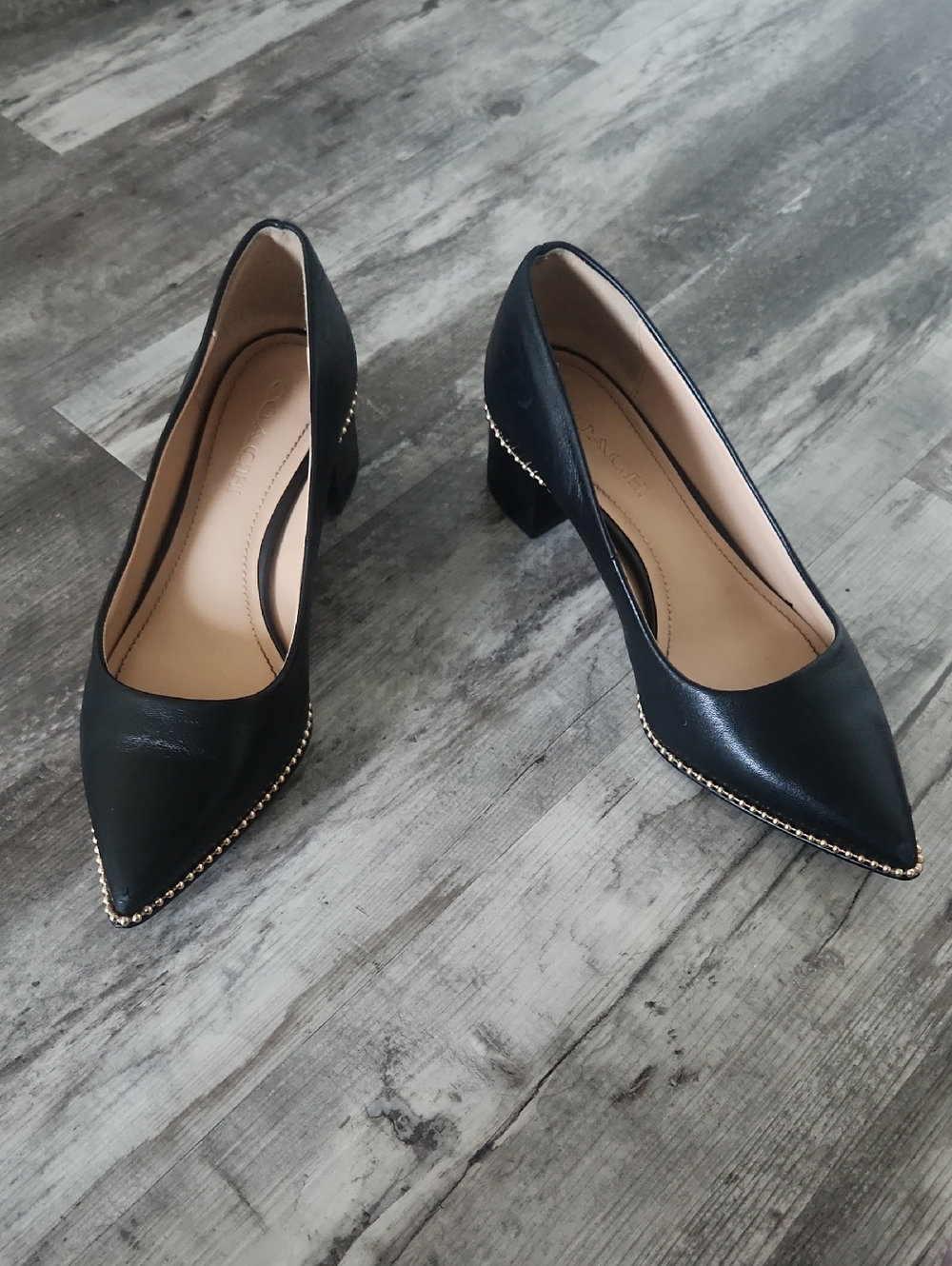 Coach Pointed-Toe Block Heels with Gold Bead Trim